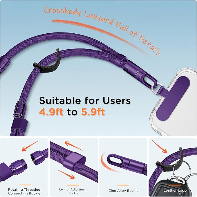 3-in-1 Cell Phone Lanyard 1 Pack + Wrist Strap 1 Pack - Convertible Crossbody Strap with Locking Knob Friendly, Adjustable Neck Lanyard for Gym/Work/Travel Essentials(Purple)