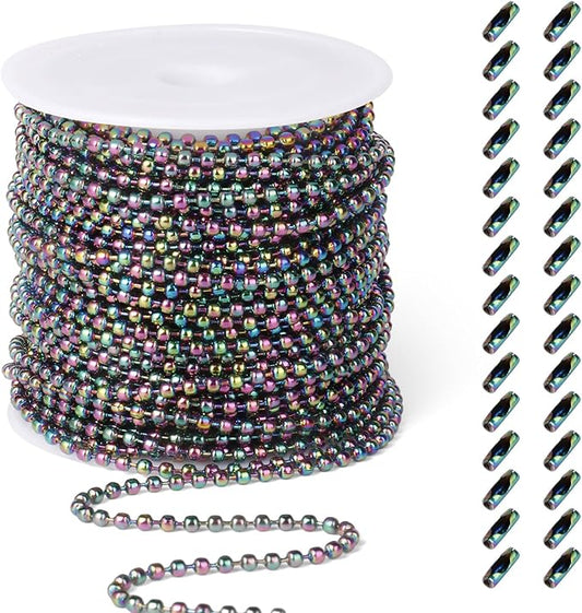 [50 Feet] Rainbow Stainless Steel Ball Bead Chains Roll, 2.4mm Width 304 Stainless Steel Ball Chains Spool with 30 PCS Connectors Bulk for Jewelry Making