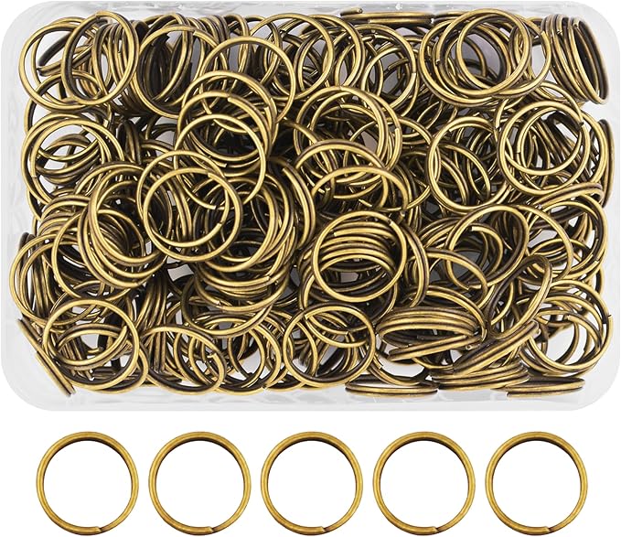 Mandala Crafts 14mm Antique Brass Double Jump Rings for Jewelry Making - 300 Pcs Small Split Key Rings Set for Crafts, DIY Keychains, and Accessories