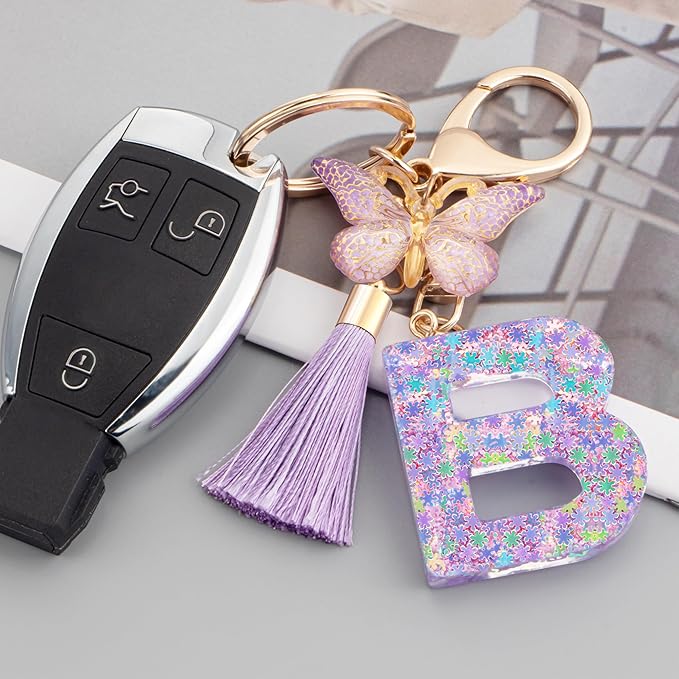 Suweibuke Cute Pink Key Chains for Women Girls, Initial Letter Keychains with Tassel, Charms for Key Purse Handbags Backpacks