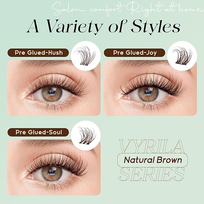 VYRILA Brown Self-Adhesive Lash Cluster Kit, Pre-Glued Clusters with Tweezers, Pop-On Faux Eyelashes, 3D Thin Band D Curl Natural Lahses, Easy to Apply, Reusable 0.05mm Eyelash Extensions (Hush-Brown)