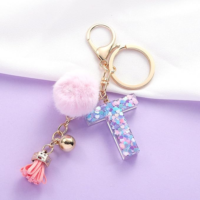 Resin Alphabet Initial Letter Keychain Keyring for Women Purse Handbags With Fur Ball Pom