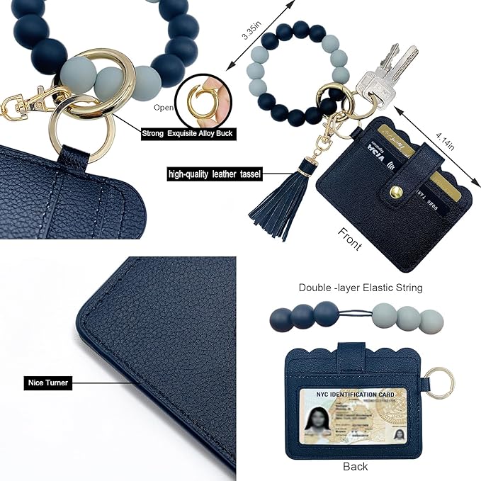 Keychain Wallet Wristlet Small Credit Card Holder Bracelet Key Chain Purse Bangle Tassel Beads Key Rings for Women