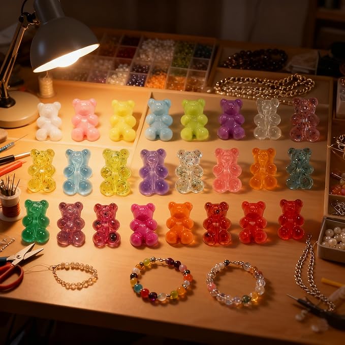 nikkiGuo 200 PCS Acrylic Bear Beads Jewelry Making Kit – 24 Colors in 4 Styles: Candy Color, Transparent, Opaque & Glow in The Dark Beads with Wire, Clasps for DIY Bracelets, Necklaces, Keychains