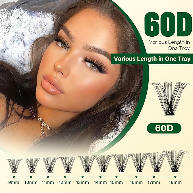 KEYYOU DIY Lash Extension Kit 300pcs Soft Lash Clusters 60D C Curl Easy to Apply with Lash Bond and Seal Lash Applicator Lash Remover Eyelash Extension Kit at Home(RMkit-60D-C-9-18mix)