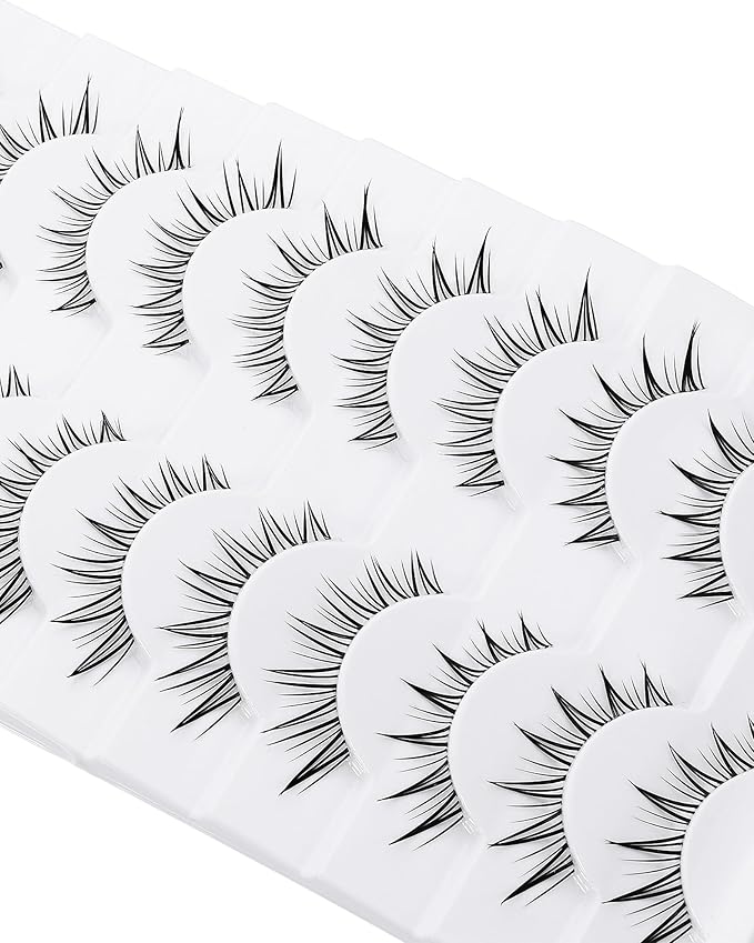 outopen 10 Pairs Fox Eye Manga Lashes Natural Look Asian Lashes Doll Style Spiky Clear Band Anime Lashes Wispy Cat Eye False Lashes Extension