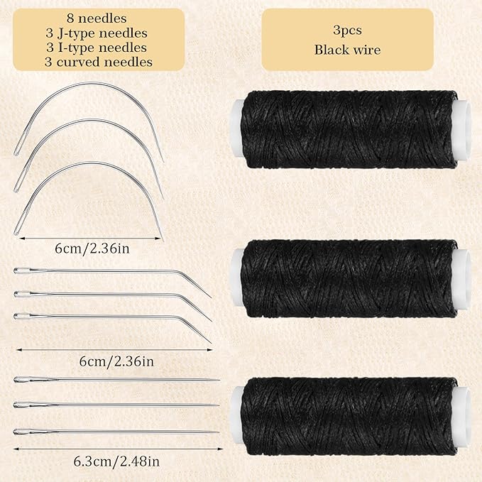 LIQWEI 11 Pcs Needle and Thread Set for Hair Weaving Needle, Blackhair Weaving Thread, Curved Upholstery Needles for Making Wig DIY Hand Sewing Hair Weave Extension