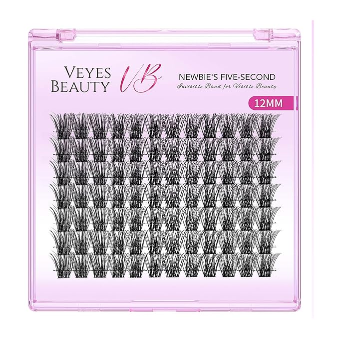 VEYESBEAUTY Lash Clusters Individual Eyelash Extensions Thin & Invisible Band DIY False Eyelashes for Self-application Newbie's Five-Second Series Wispy Lash Tray, Bomb 12mm Single Length