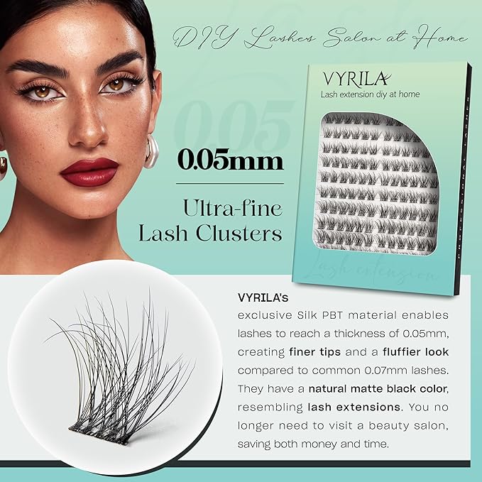 VYRILA Lash Clusters 144pcs Individual Lashes, 3D Wispy Lashes Clusters, 0.1mm Super Thin Band Resuable Natural Lashes,D Curl Faux Mink Lashes, 0.05mm Lash Extension (Green Hush-D-0.05-8-16mix)