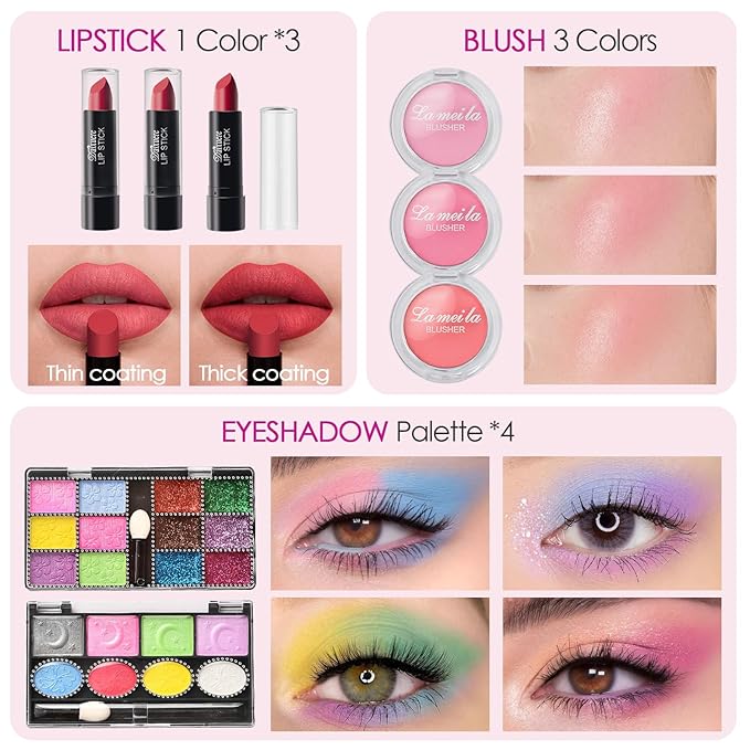 Golray Teen Makeup Kit for Girls Ages 8-12, Starter Full Make up Set With Train Case / 4 Eyeshadow Pallets/Blush/Lipstick/Brush, Kid Birthday Gift Beauty Toy for Girl 9 10 11 12 Years