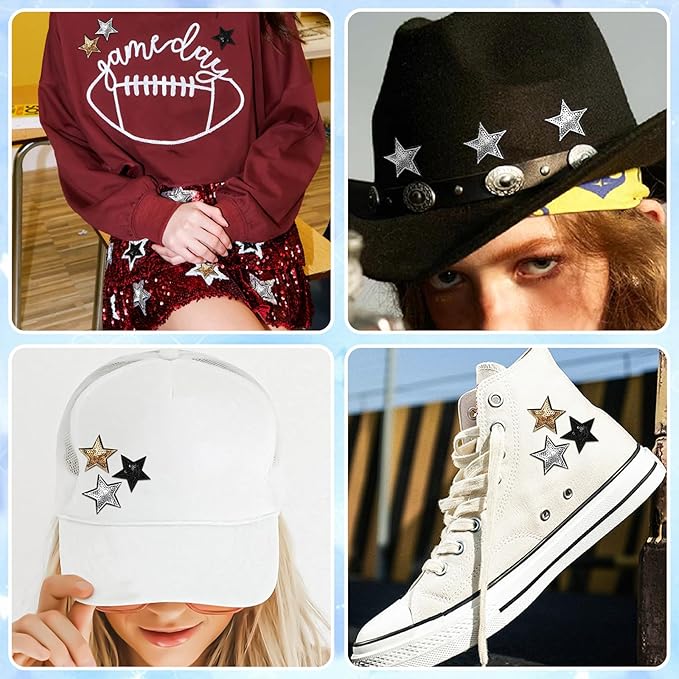 30Pcs Sequin Star Iron on Patches Glitter Stars Patches Gold Black Silver Iron on Stars for Hats Clothes Backpacks Costume