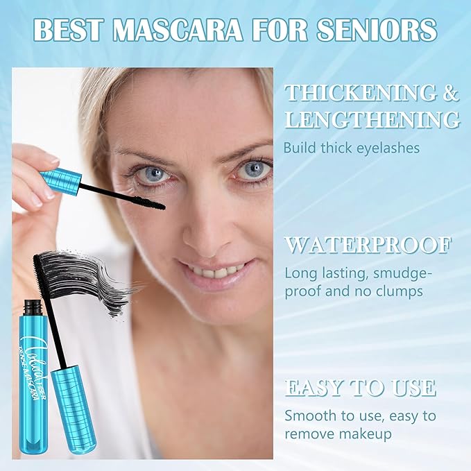 Mascara for Older Women 60 Plus, Waterproof Lengthening Mascara for Seniors with Thinning Lashes, Prime Máscara Black Volume and Length, Long Stay, Tube Hypoallergenic Máscara for Sensitive Eyes-2pc