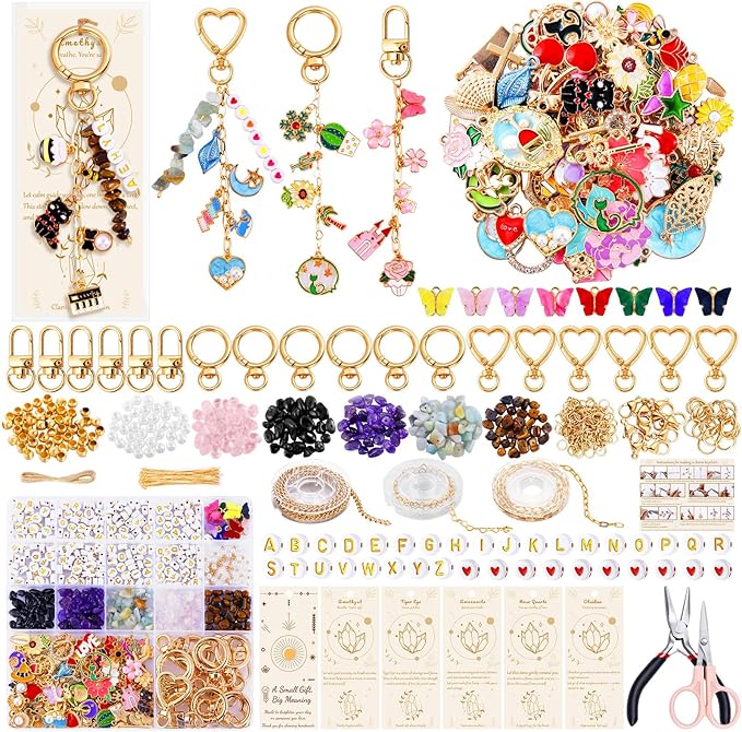 TOHONGADON 907 Pcs Keychain Making Kit, Bag Charm Kit with 5 Kinds of Crystal Stones, 343 Charms, 24 Keychain Clips, Key Ring Jewelry Plier, Extender Chain, Letter Beads for DIY Crafting