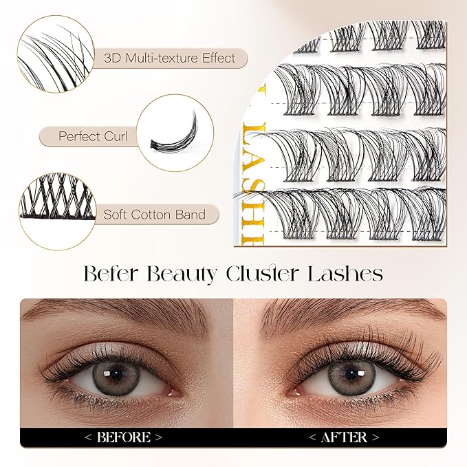 BEFER Lash Clusters, 72 Pcs D Curl Eyelash Super Fluffy Lightweight Individual Lashes 8-16MM Cluster Eyelash Extensions DIY At Home(Ethereal,FD36)