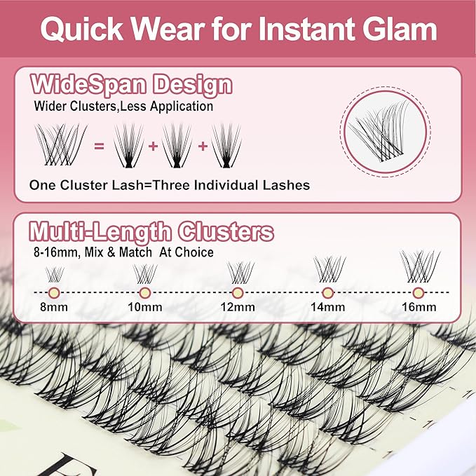 Natural Wispy Soft Lash Clusters with 0.05mm Invisible Band, C Curl 8-16mm, DIY Salon Effect Lightweight Lash Extensions, FayJoo AIRY 11 Lash Only