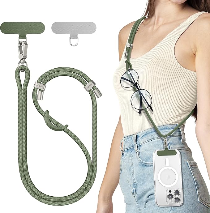 SURPHY Phone Lanyard, Adjustable Phone Strap Crossbody with 2 Pack Cell Phone Tether Tab, Premium Metal Buckles, Skin-Friendly, Universal Cell Phone Lanyard Crossbody for Women and Men, Army Green