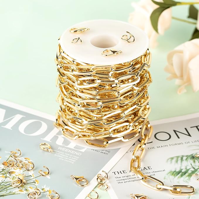 UMAOKANG 16.4 Feet Light Gold Plated Aluminum Chain for Jewelry Making Large Paperclip Chain for Men and Women Necklace Bracelet DIY Jewelry Supplies Findings