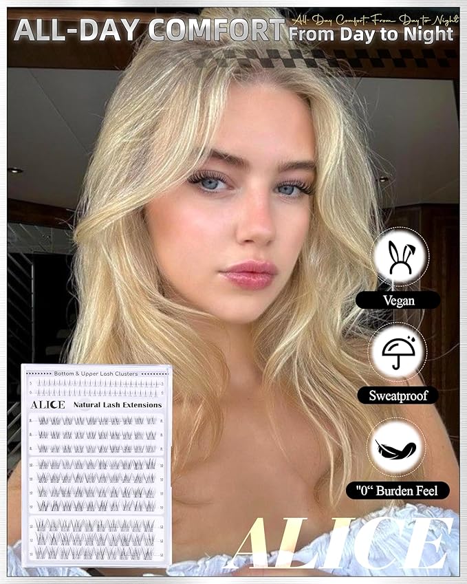 ALICE Natural Short Lash Clusters 8-12mm Eyelash Clusters Wispy Cluster Eyelash Extensions Clear Band Individual Lashes with 5-6mm Bottom Lashes