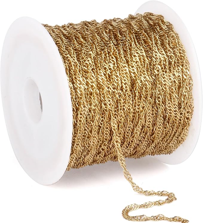 33 Feet 18K Gold PVD Plated Singapore Chains Roll, 1.7mm Width 304 Stainless Steel Gold Twisted Link Chain Bulk Spool for Jewelry Making DIY Craft