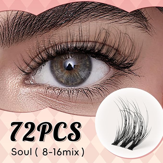 VYRILA Lash Clusters 0.05mm PBT Fiber Eyelash Clusters, 0.1mm Superfine Invisiband D Curl Diy Lash Extension, 72pcs 8-16mm Individual Like Eyelash Extensions (Soul-D-8-16Mix)