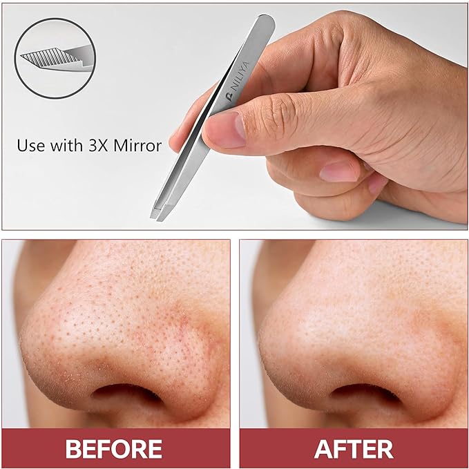 NILIYA Eyebrow Tweezers for Women Facial Hair, Precision Stainless Steel Slant Tweezers, Sharp Eyebrow Plucker for Remove Hair and Blackhead, With Travel Case