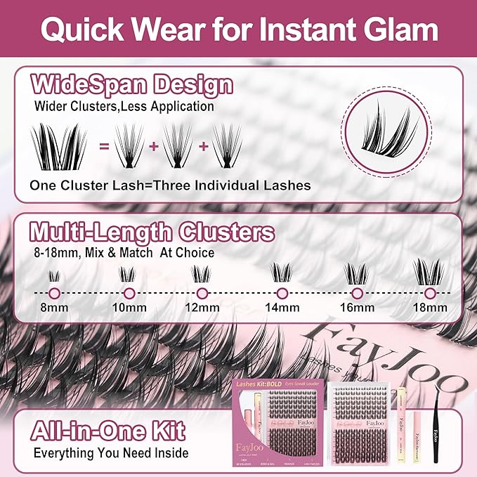 Dramatic Volume Lash Clusters Kit, 0.05mm Thin Band 8-18mm C Curl, DIY Lash Extension with Bond/Seal/Remover/Tweezer, Waterproof Reusable, FayJoo BOLDEE 11 Kit