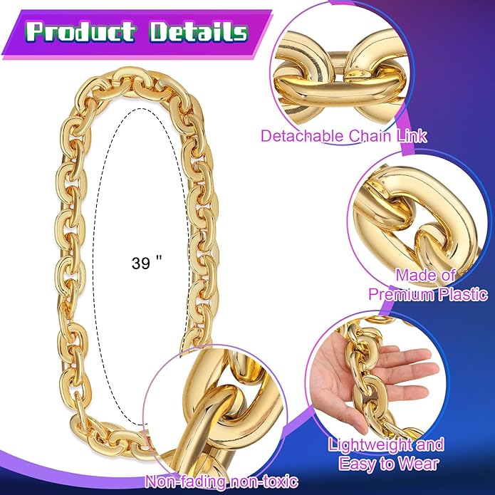 Remuuly Plastic Chain Necklace Chunky Big Fake Necklace Hip Hop Rapper Giant Turnover Chain Costume for Halloween