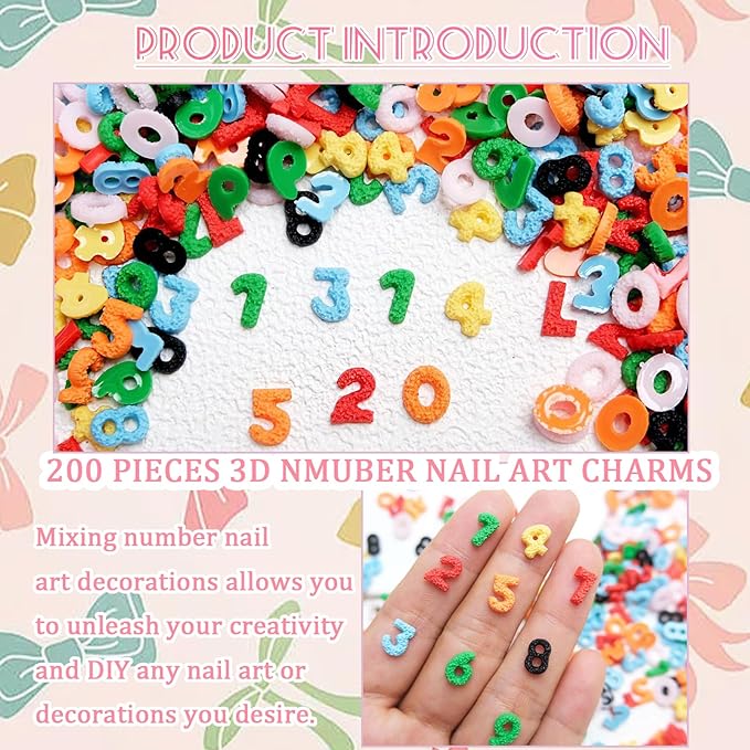 200 Pcs Number Nail Art Charms, CYHYII 3D Mixed Candy Colorful Number Resin Nail Rhinestones Nail Gems DIY Manicure Nail Decoration Accessories for Women Girls