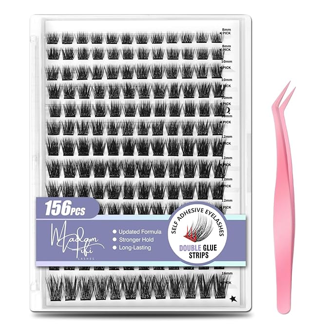 Madam Fifi Self Adhesive Eyelashes, 156 PCS Self-Adhesive Lash Clusters – No Glue Needed, Dual-Row Sticky Strips, DIY Individual Lash Extensions, Soft Fluffy False Eyelashes (Fluffy-Mixed)