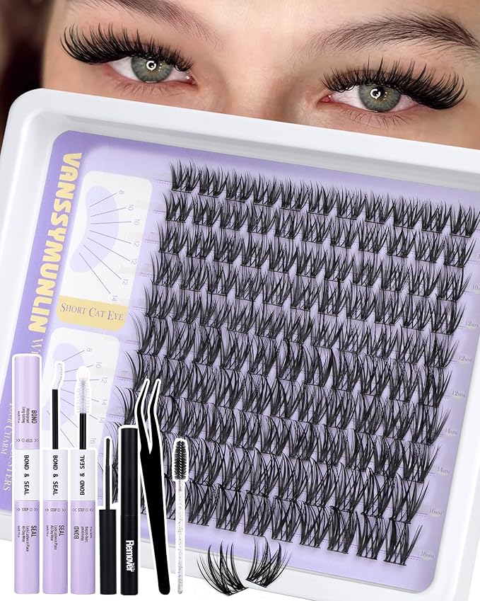 Wispy Lash Clusters Kit with Remover Natural Eyelashes Clusters Short C Curl Cluster Eyelash Extensions Lightweight Individual Lashes DIY Eyelash Extension Kit with Waterproof Lash Cluster Glue 8-16mm