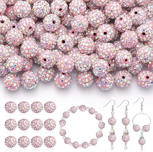 200 Pcs Pink AB Rhinestone Beads for Jewelry Making, Sparkle Crystal Clay Christmas for Bracelet Baseball Necklace Earring Crafting and DIY, Shiny Round Shamballa Disco Ball Beads Bulk