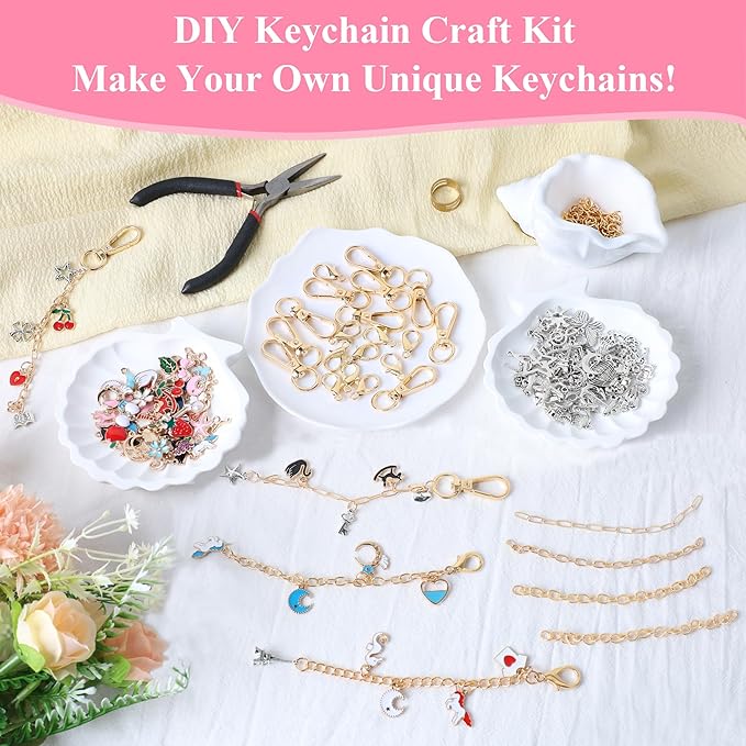 ZOYVUX 363Pcs Lip Gloss Charms Keychain Kit, DIY Bag Charm Kit with 100 Charms, 20 Keychain Hooks, 40 Extender Chains, Jump Rings and Jewelry Plier | Gifts for DIY Craft and Jewelry Making
