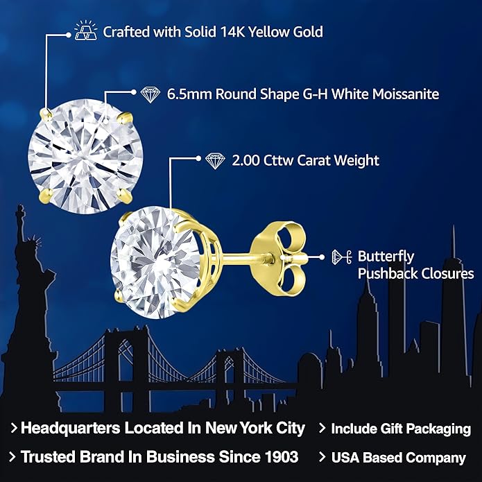 Gem Stone King 2.00 Cttw 14K Gold Moissanite Earrings | 6.5MM Round Stud Earrings | Gold Earrings For Women Men | Fine Jewelry Gifts for Her Mom Women Wife
