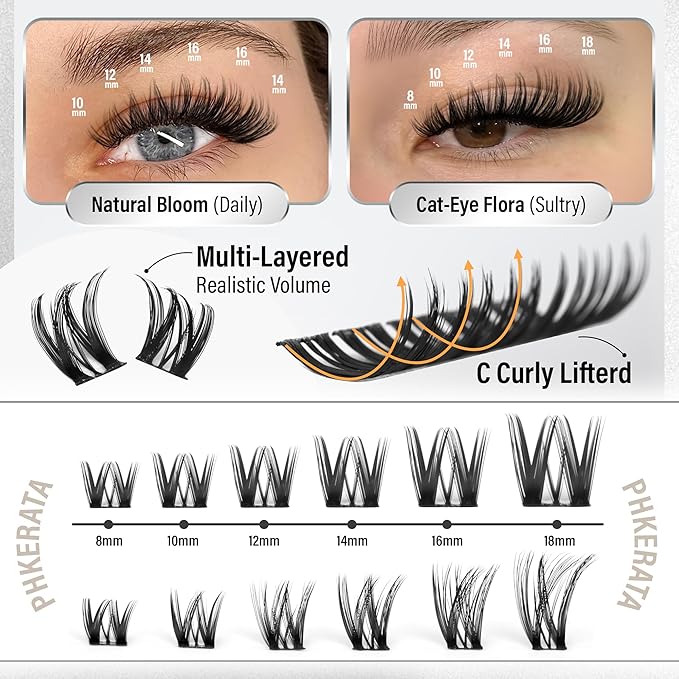 PHKERATA Flora Lash Clusters Kit Wispy Cluster Eyelash Extensions Natural Eyelash Clusters Kit Ultra-thin Band Individual Lashes DIY Lash Extensions with Bond and Seal Tweezers, 8-18mm, 132Pcs