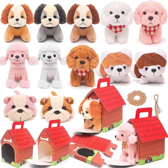 12 Pcs Mini Plush Puppy Set, Adopt A Pet Dog Party Favors with Keychain Gift Toys with Carton Dog House, Kids Baby Show Birthday Christmas Party