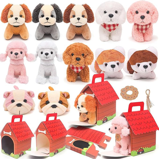 12 Pcs Mini Plush Puppy Set, Adopt A Pet Dog Party Favors with Keychain Gift Toys with Carton Dog House, Kids Baby Show Birthday Christmas Party