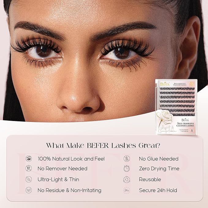 BEFER Self Adhesive Eyelashes Clusters, D Curl 10-16MM Pre Glued Lash Natural Look No Glue No Remover Needed Reusable Lashes Press on Eyelash Clusters Easy for Use DIY at Home(TYB102,Velvet)