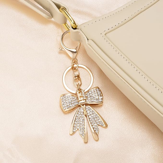 XGALBLA Sparkly Cute Initial Letter Rhinestone Bow Keychain for Women Gold Tone Bag Charms Coquette Aesthetic Purse Charms