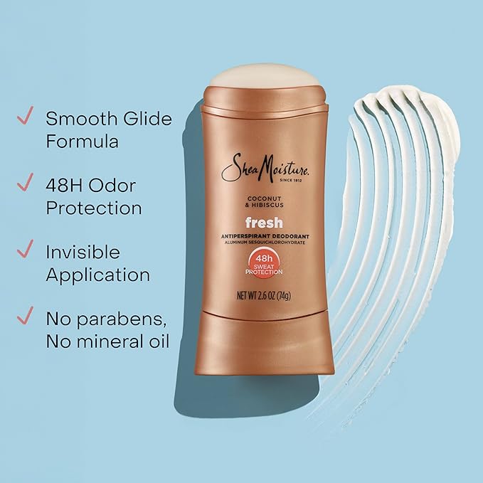 SheaMoisture Antiperspirant Deodorant Stick Fresh Coconut & Hibiscus 2 Count for 48HR Sweat & Odor Protection with No Parabens & No Mineral Oil 2.6 oz