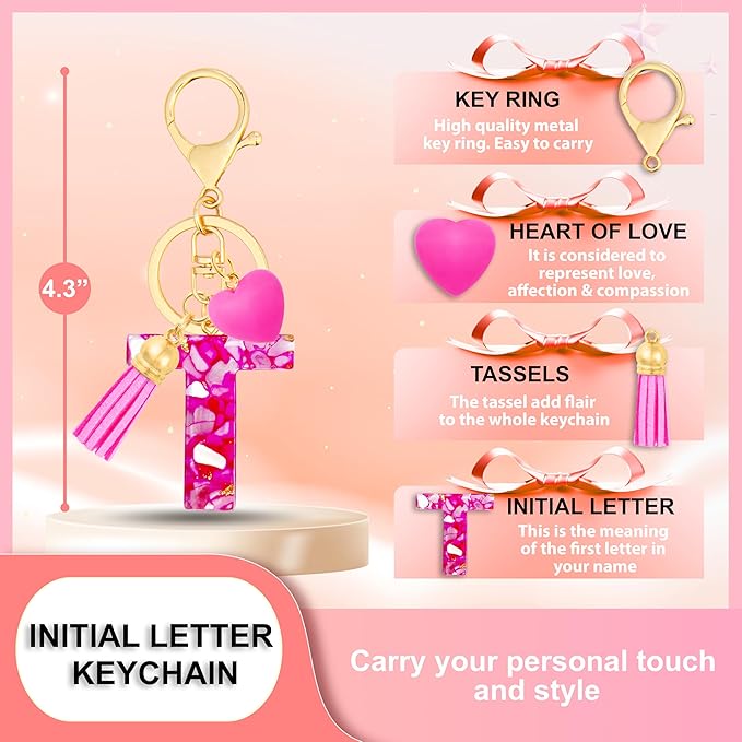Initial Keychains for Women with Cute Heart Resin - Alphabet Letter Keychain for Bag, Backpacks, Purse or Car key