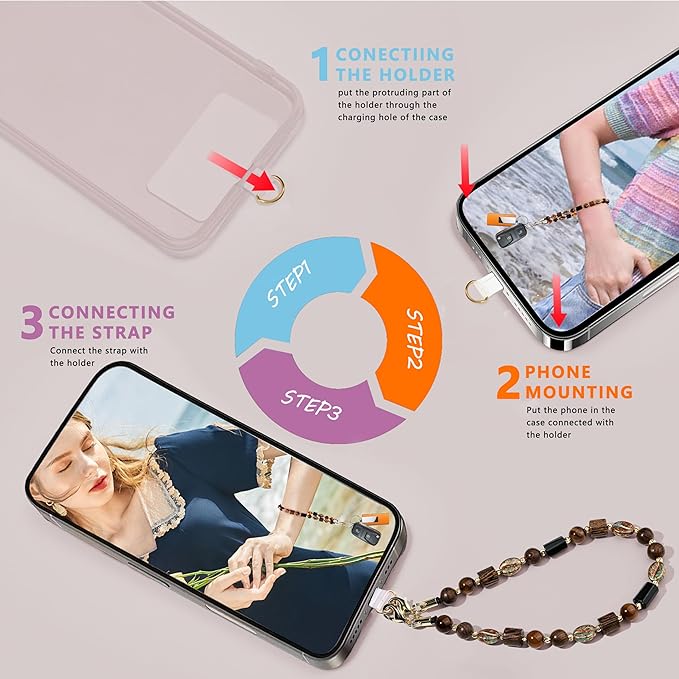 Marble Beaded Phone Wrist Strap,Detachable Phone Bracelet Strap with Tether Tab,Hands-Free Wristlet Strap (Brown)