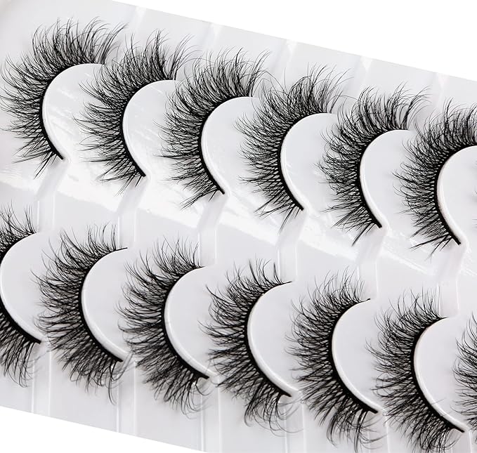 Pooplunch False Eyelashes Wispy Lashes Cat Eye Volume 8D Natural Fluttery Fake Eyelashes Faux Mink Lashes Strips 7 Pairs Pack