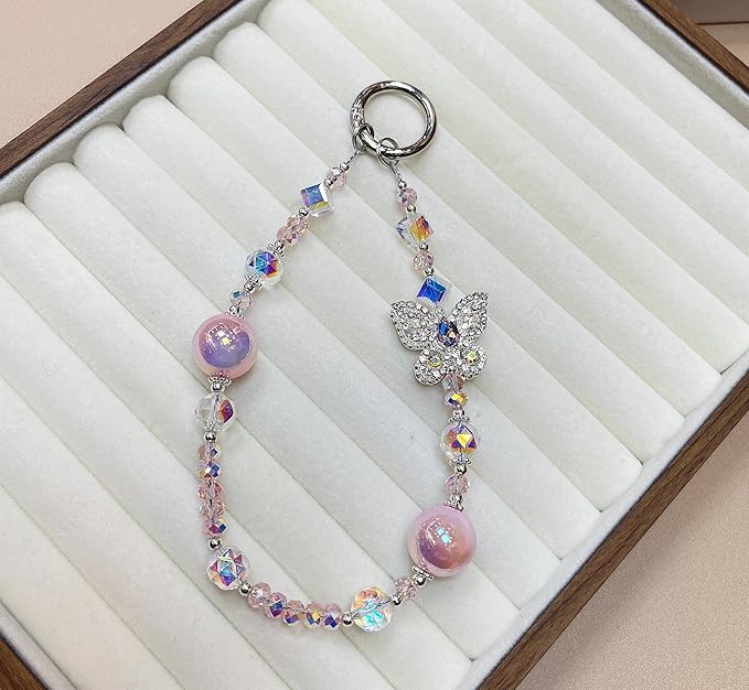 Crystal Butterfly Phone Charm, Pink Pearl Beaded Lanyard, Bling Shiny Wrist Strap Keychain for Purse Bags Car keys Earphones