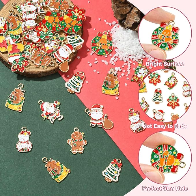 Stiesy 40 Pcs 10 Styles Christmas Theme Enamel Pendants Golden Plated Santa Claus Christmas Wreath Snowman Shape Dangle Charms Bulk for DIY Jewelry Making Necklace Bracelet Craft