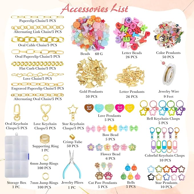 Ecoofor 501 Pcs Keychain Making Kit — Includes 30 Keychain Clips, 40 Extender Chains, 178 Charms, Beading Accessories, Jewelry Pliers — DIY Bag Charms & Jewelry Craft Kit Supplies
