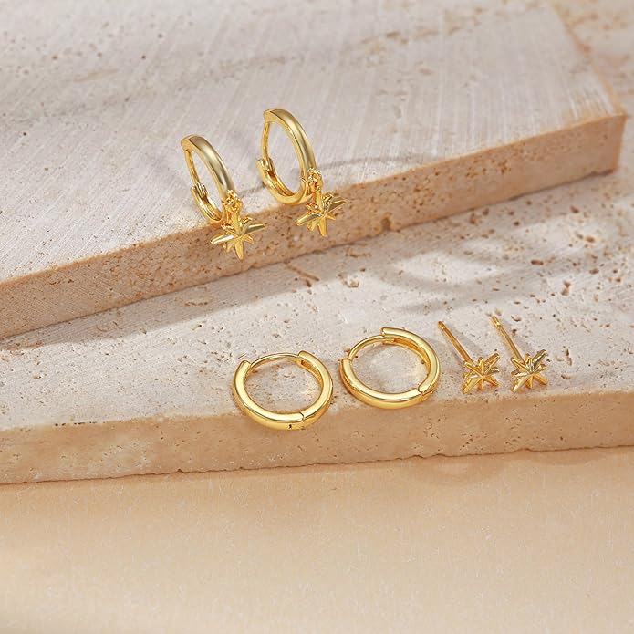 Freekiss 3 Pairs Gold Hoop Earrings Set: Dainty Stud Earrings Trendy Small 14K Gold Plated Hypoallergenic Dangle Cartilage Huggie Hoop Earrings for Women Gold Jewelry for Women Gifts
