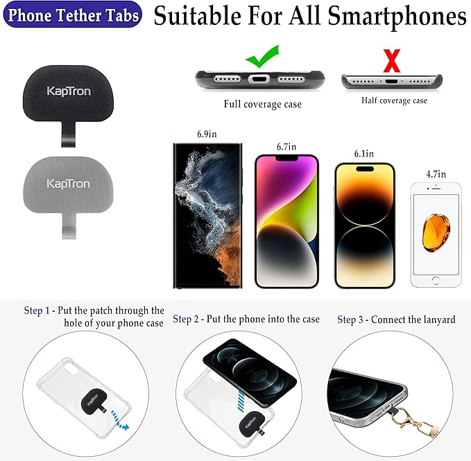 Kaptron 2Pcs Cell Phone Lanyard: Universal Adjustable Crossbody Phone Strap and Wrist Strap, with 2 Lobster Clips and 2 Tether Patches, Compatible with Most iPhone and Android Smartphones