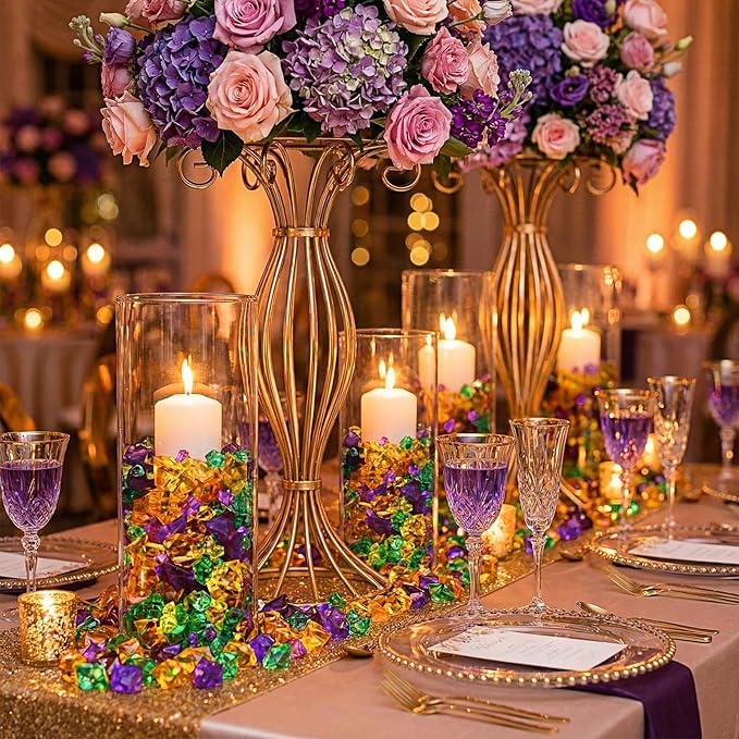 Syhood 570 Pcs 5 Sizes Mardi Gras Yellow Green and Purple Fake Crushed Ice Rocks Acrylic Crystal Gems Plastic Diamonds Marble for Carnival St. Patrick's Day Vase Fillers Table Scatter Room Decoration