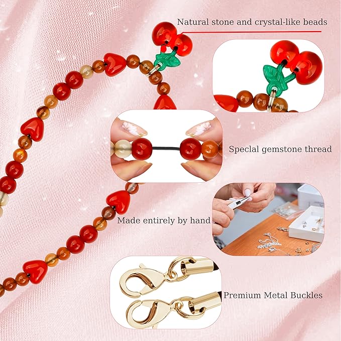 Marble Beaded Phone Wrist Strap,Detachable Phone Bracelet Strap with Tether Tab,Hands-Free Wristlet Strap (Sweet Cherries)