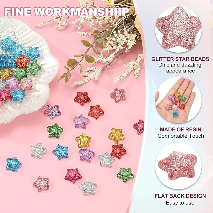 PATIKIL 30 Pcs Flat Back Resin Star Beads, Glitter Star Charms Bulk Mini Flat Back Beads Embellishments for DIY Crafts Phone Case, Mixed Color